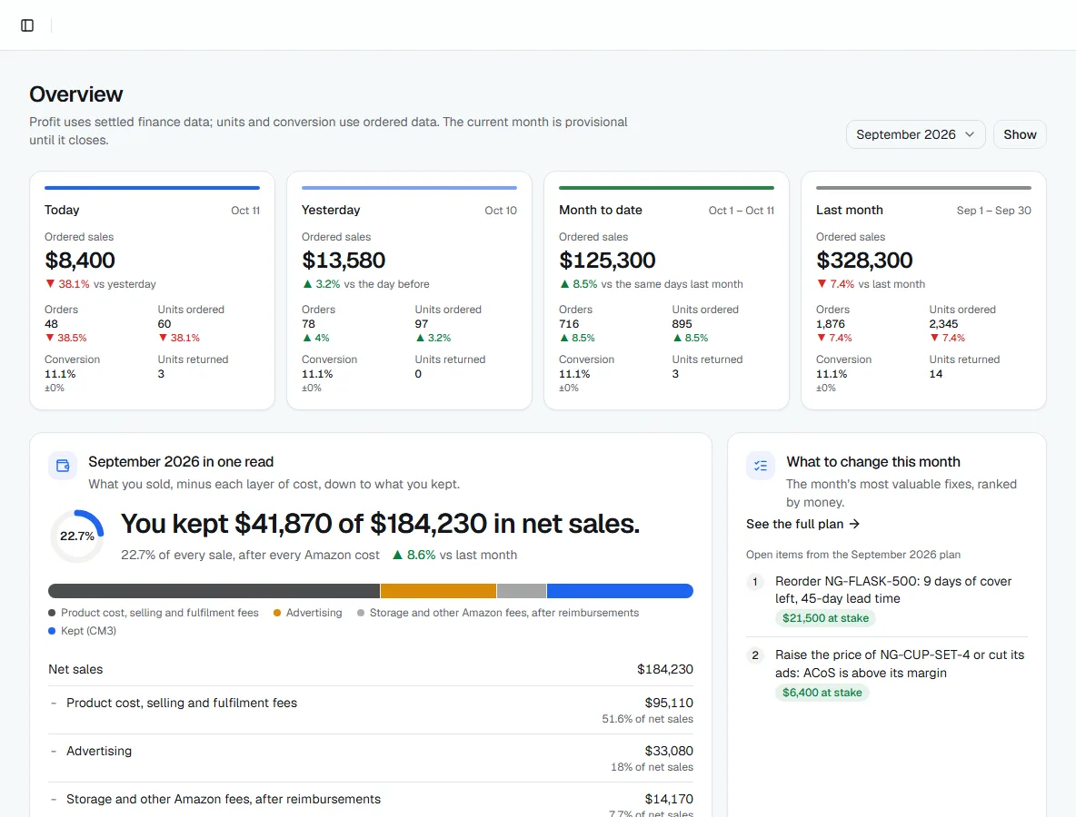 The Overview page: four period tiles, the month's net sales, what was kept and the daily trend
